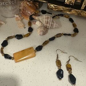 Black and Gold Beaded Necklace and Earring Set